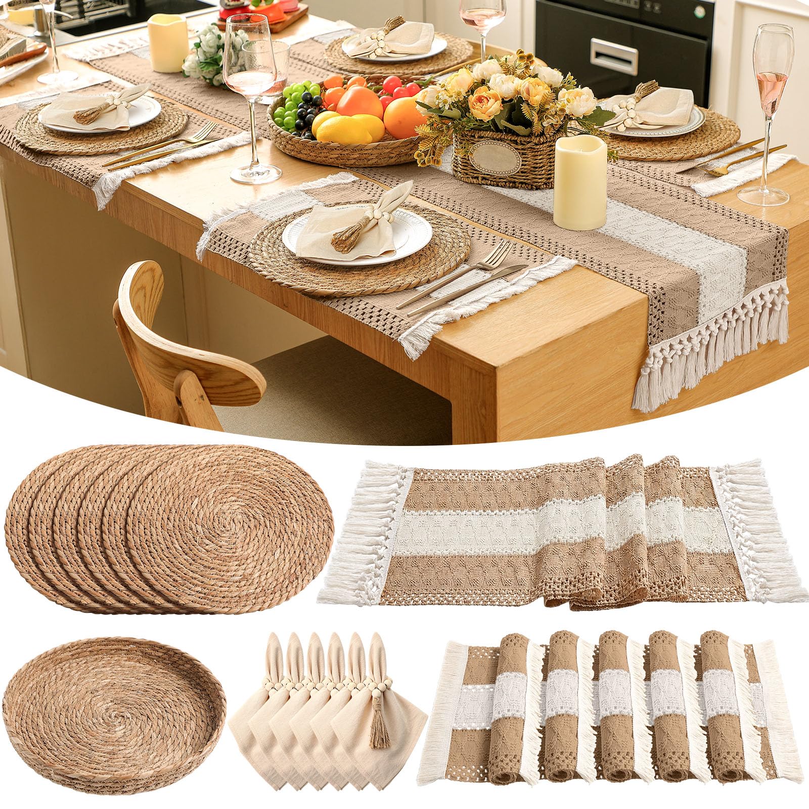 6 Sets Boho Decoration Placemats Round Woven Placemats, Cloth Napkins, Wood Bead Napkin Rings, Long Table Runner and Farmhouse Burlap Cotton for Table Kitchen (Khaki,12x72)
