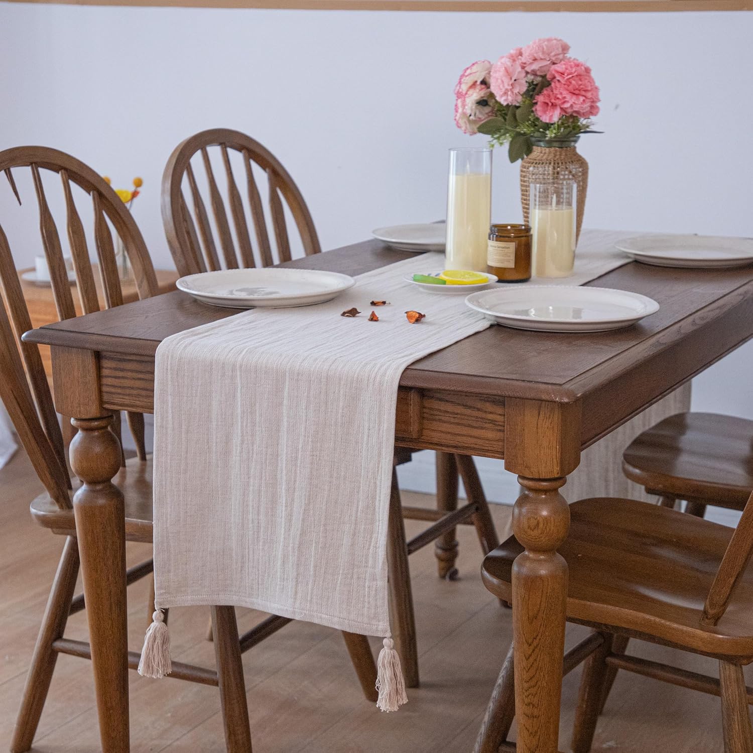 Simple&Opulence Linen Cotton Table Runner, Farmhouse Table Runner with Tassels for Bohemian Rustic Wedding, Bridal Shower, Dinner （14 x 120 Inch - Linen ）
