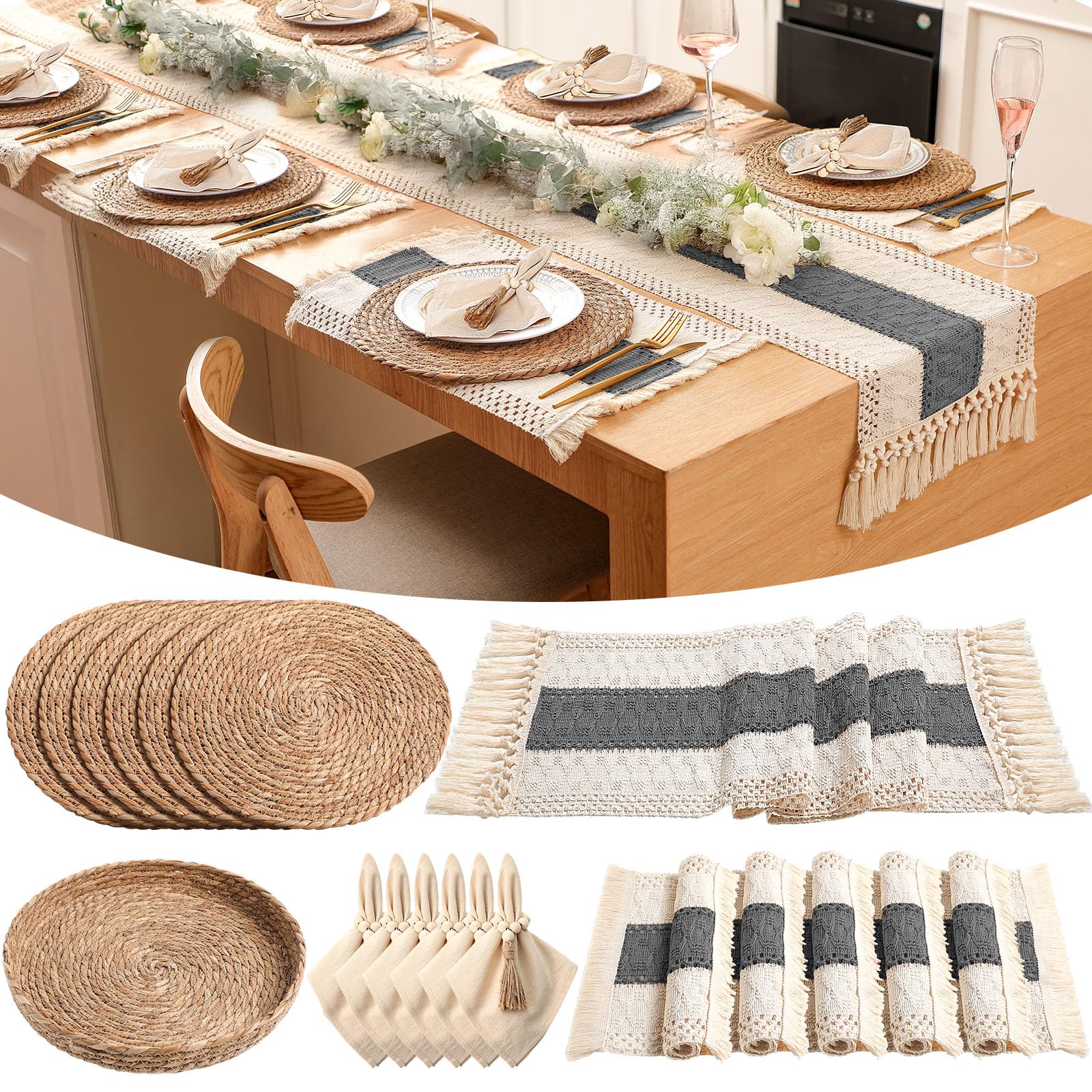 6 Sets Boho Decoration Placemats Round Woven Placemats, Cloth Napkins, Wood Bead Napkin Rings, Long Table Runner and Farmhouse Burlap Cotton for Table Kitchen (Khaki,12x72)
