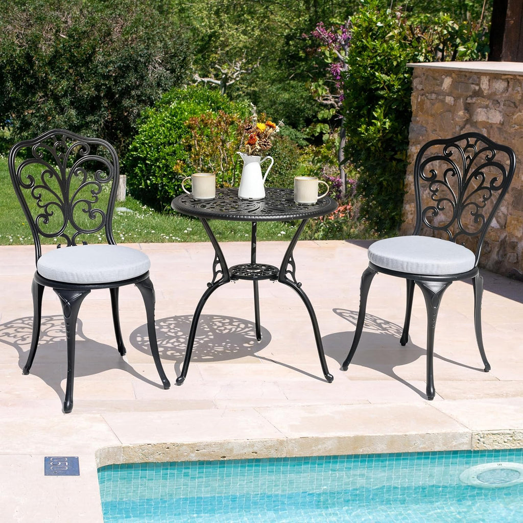 NUU GARDEN 3 Piece Outdoor Bistro Table Set, All Weather Cast Aluminum Patio Bistro Sets Patio Table and Chairs Set of 2 with Umbrella Hole for Yard, Garden, Balcony, Black