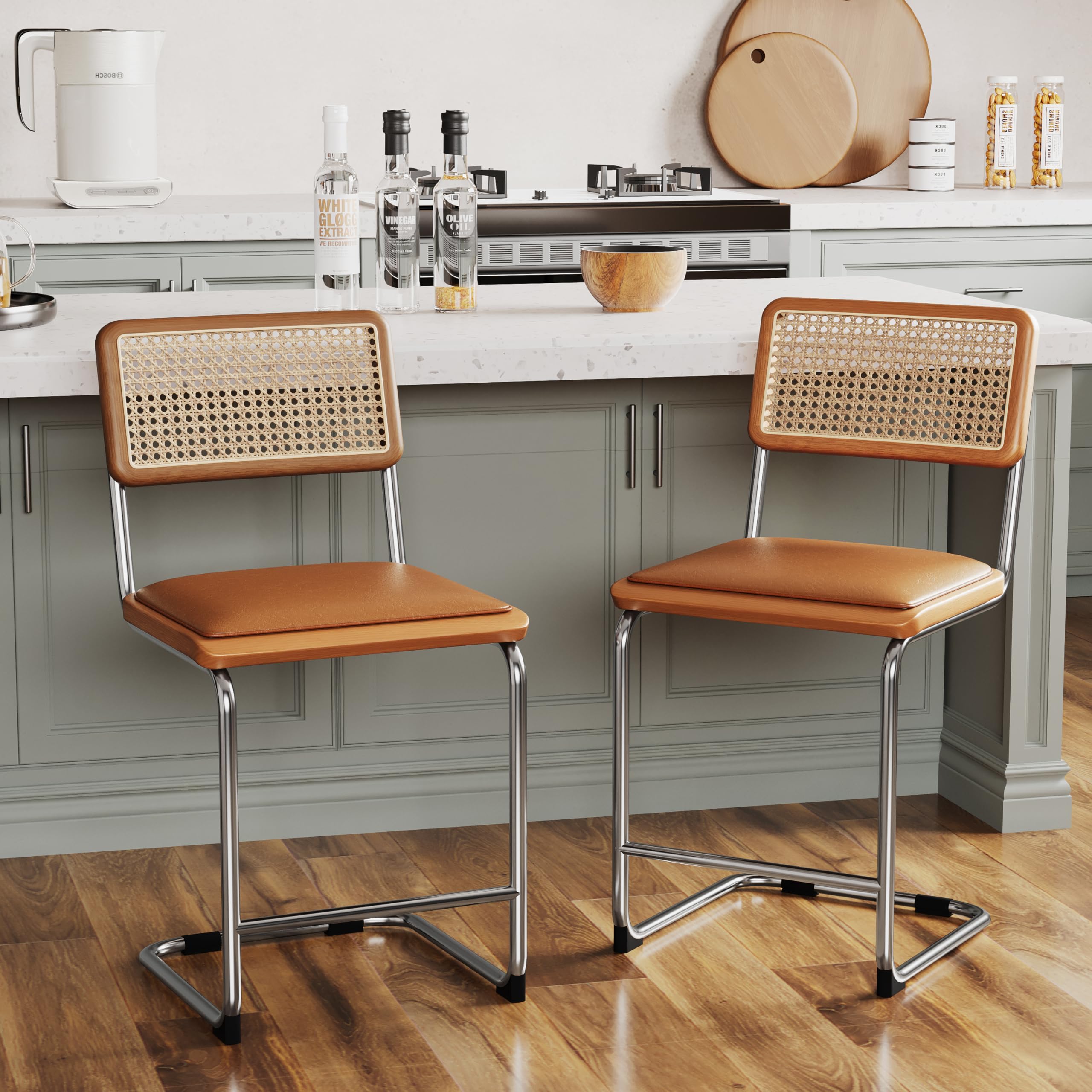 Alunaune Modern Mid Century Dining Chairs Set of 2, Upholstered Natural Rattan Kitchen Chairs Accent Chair, Armless Side Chairs with Metal Chrome Legs for Bedroom Living Room-Brown
