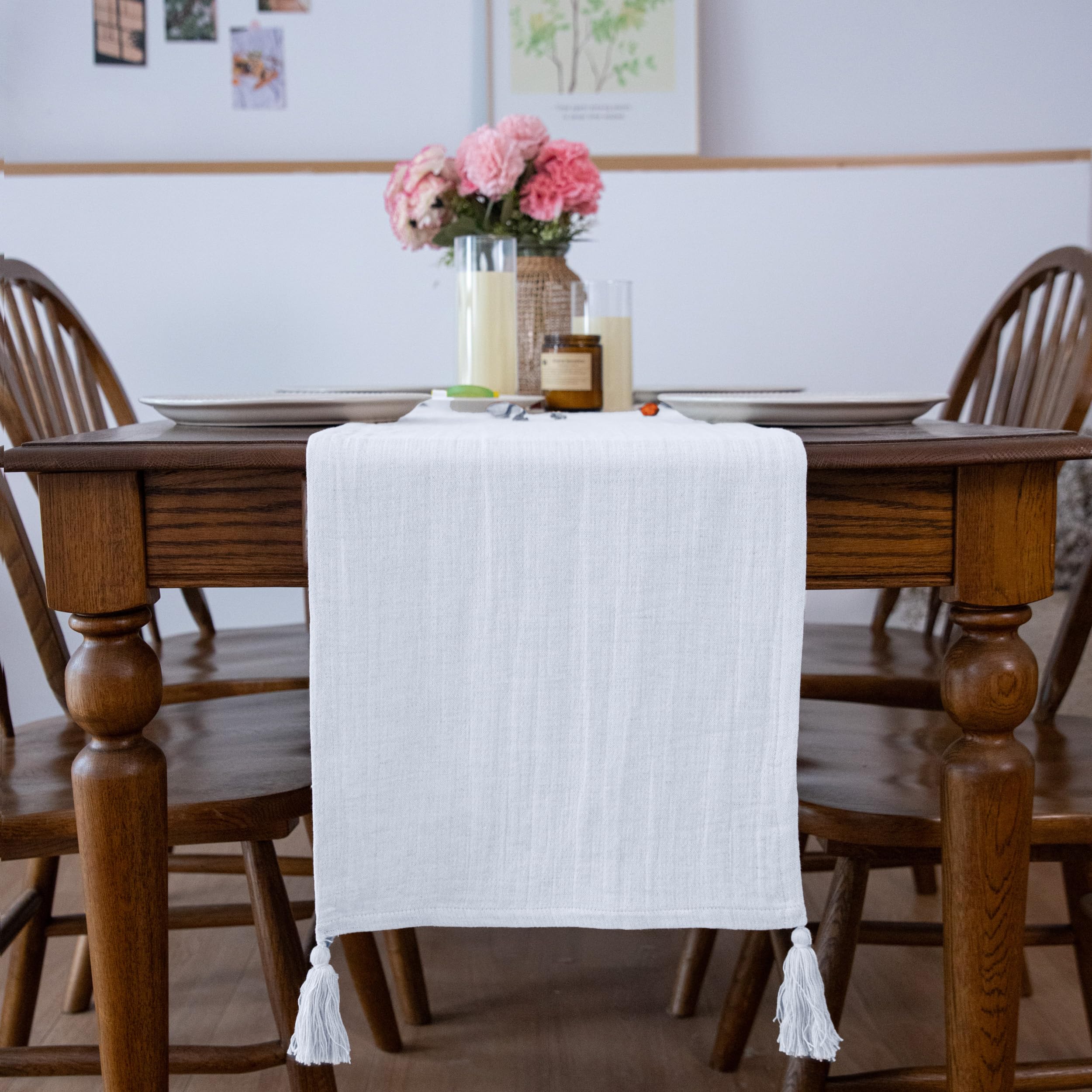 Simple&Opulence Linen Cotton Table Runner, Farmhouse Table Runner with Tassels for Bohemian Rustic Wedding, Bridal Shower, Dinner （14 x 120 Inch - Linen ）