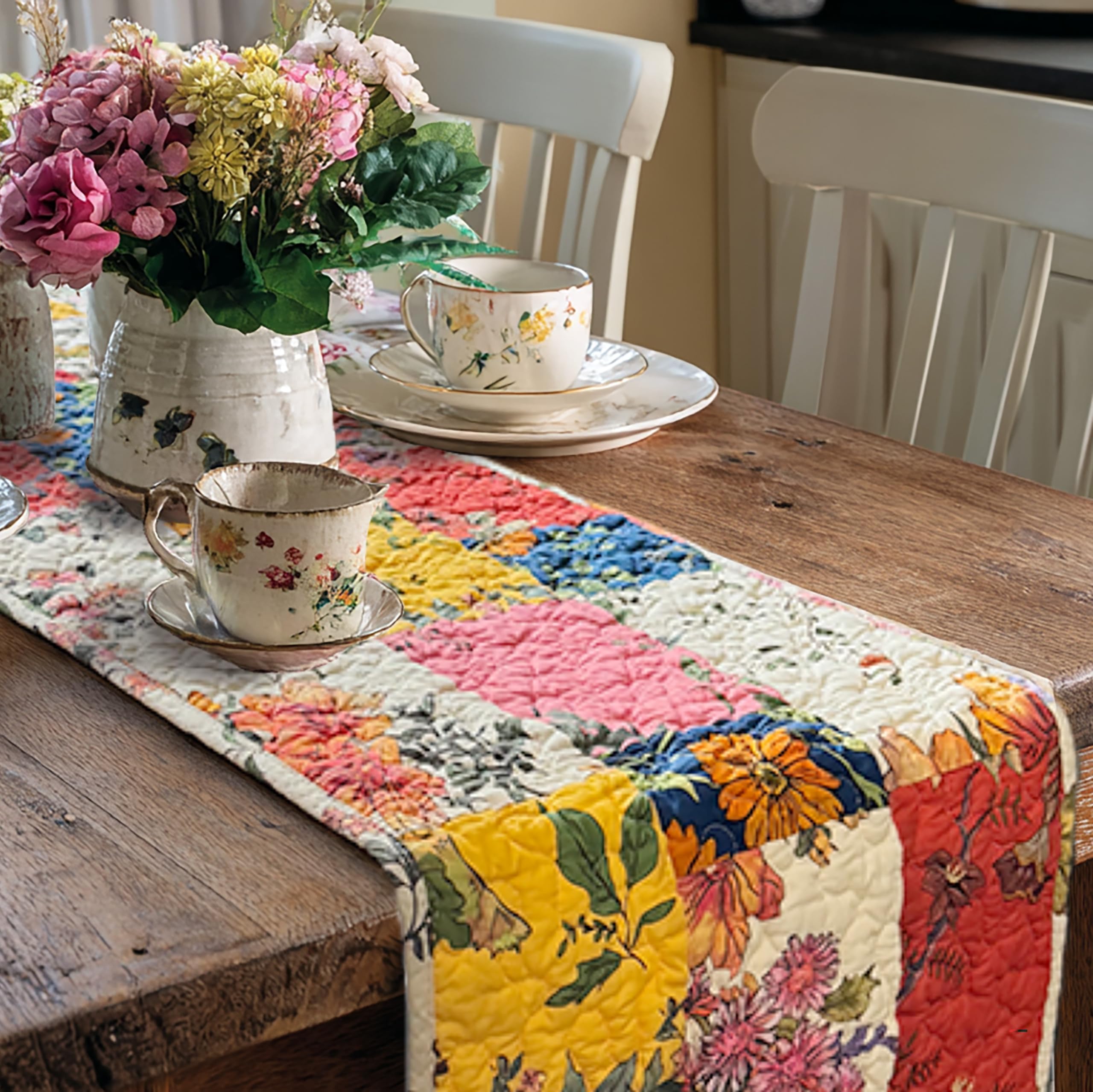 Quilted Cotton Patchwork Floral Table Runner – Reversible Vintage Farmhouse Table Runner, 13" x 72" for Dining Table, Coffee Table & Buffet