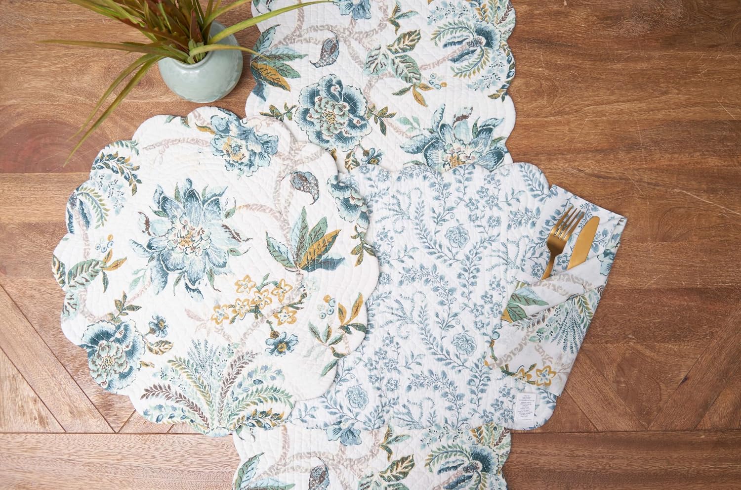 C&F Home Braganza Teal Vintage 100% Cotton Table Runner 14" x 51" Versatile Floral Flowers Spring Springtime Summer Kitchen Dining Dinner Tabletop Machine Wash Reversible Scalloped Edge Decor