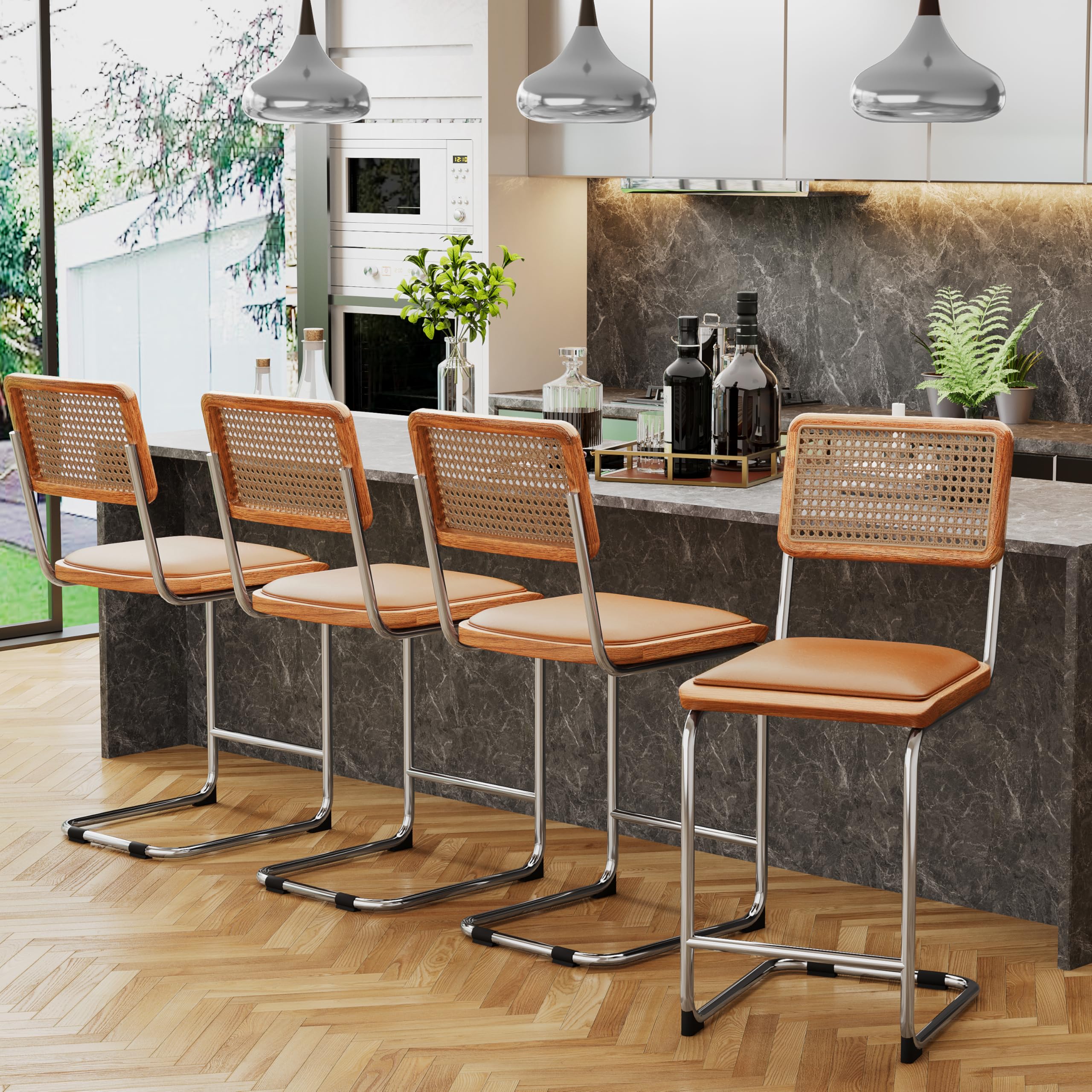 Alunaune Modern Mid Century Dining Chairs Set of 2, Upholstered Natural Rattan Kitchen Chairs Accent Chair, Armless Side Chairs with Metal Chrome Legs for Bedroom Living Room-Brown
