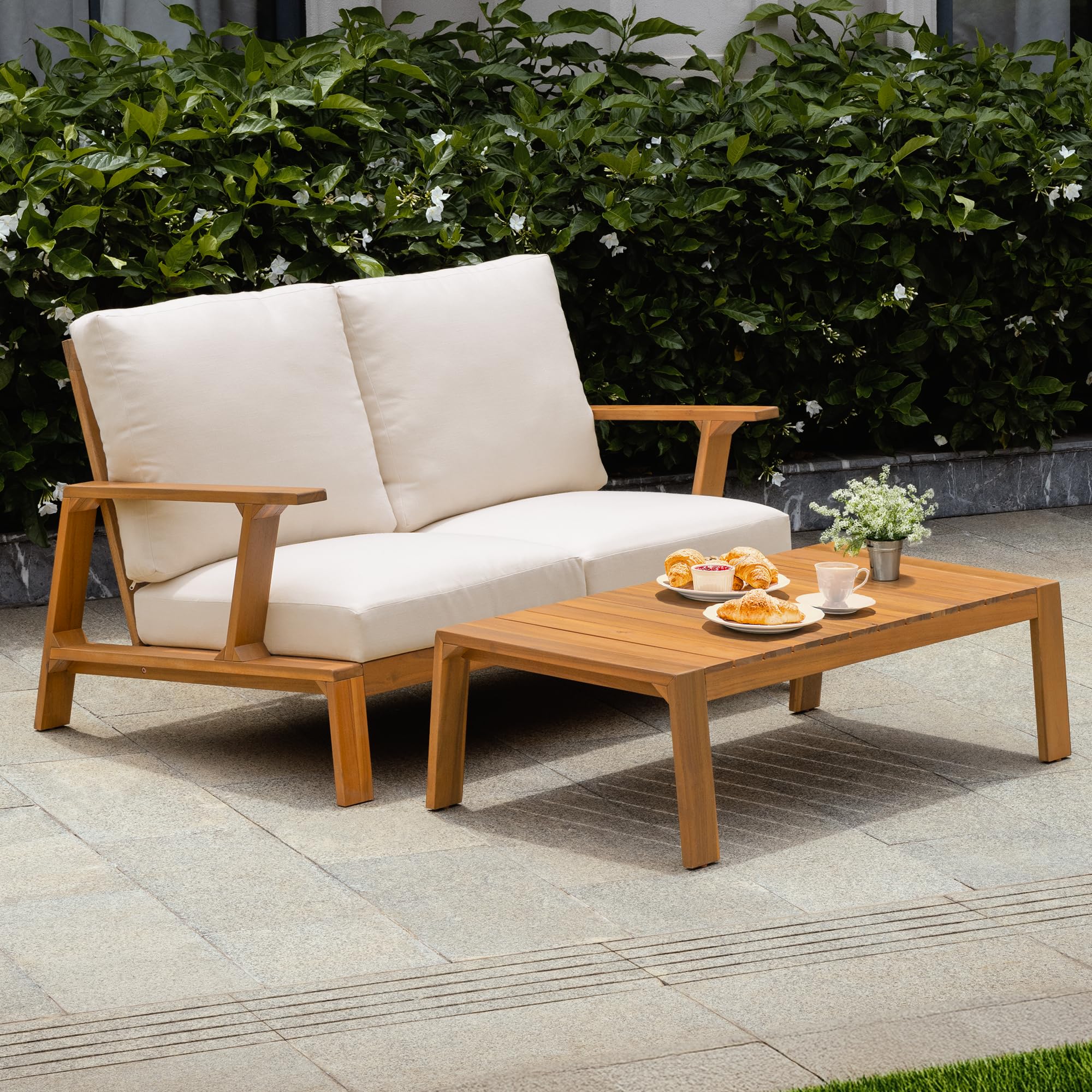 Idzo Heavy Duty 400lbs Capacity Patio Bistro Set 3 Piece Outdoor, Folding Chairs w/Cushion, Square Table, FSC-Certified Acacia Wood, Space-Saving Design for Balcony, Garden and Porch - Upgrade