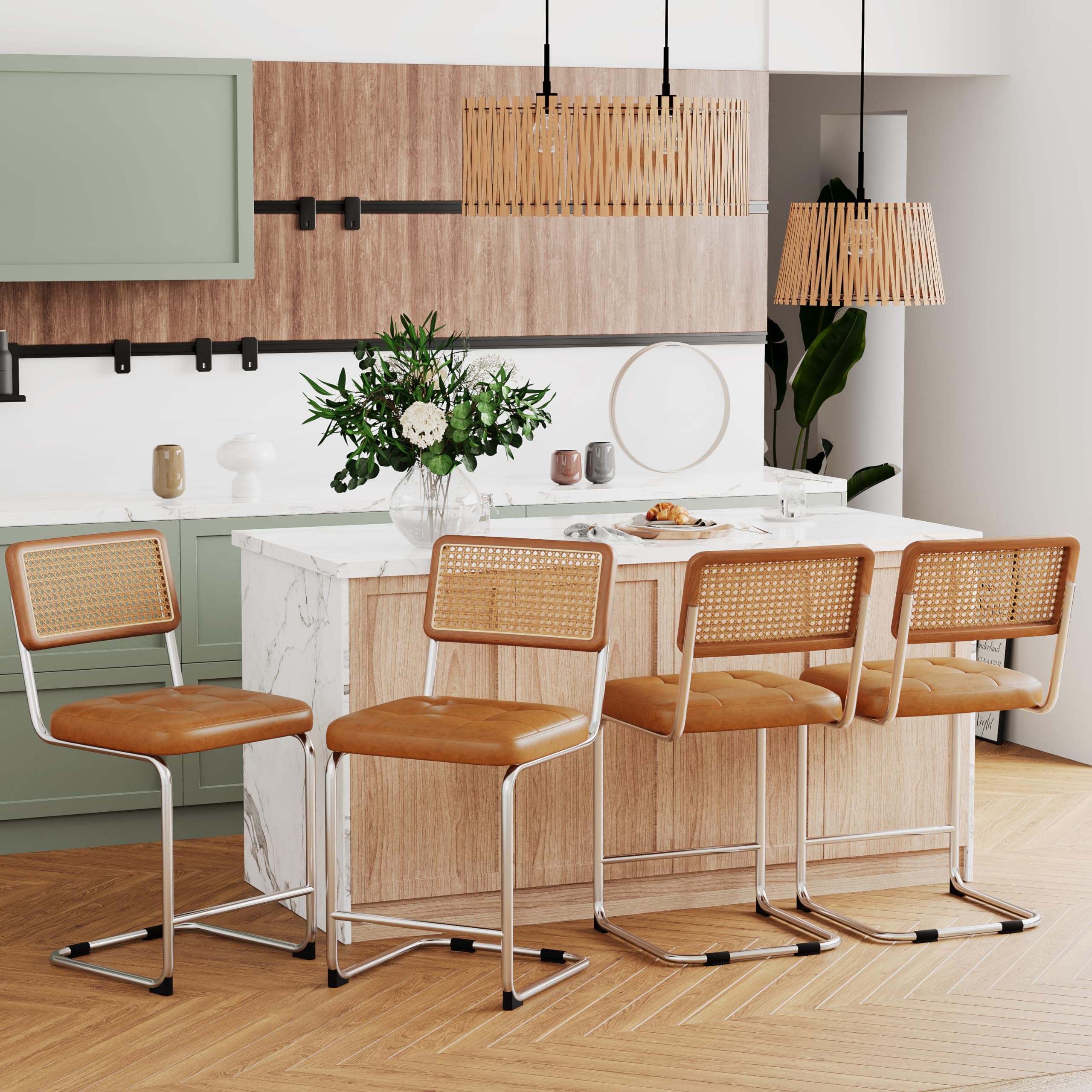 Alunaune Modern Mid Century Dining Chairs Set of 2, Upholstered Natural Rattan Kitchen Chairs Accent Chair, Armless Side Chairs with Metal Chrome Legs for Bedroom Living Room-Brown