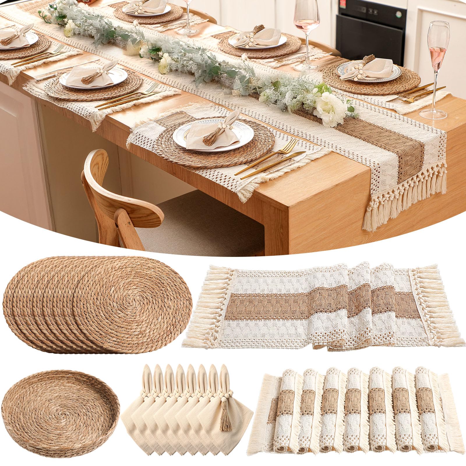 6 Sets Boho Decoration Placemats Round Woven Placemats, Cloth Napkins, Wood Bead Napkin Rings, Long Table Runner and Farmhouse Burlap Cotton for Table Kitchen (Khaki,12x72)