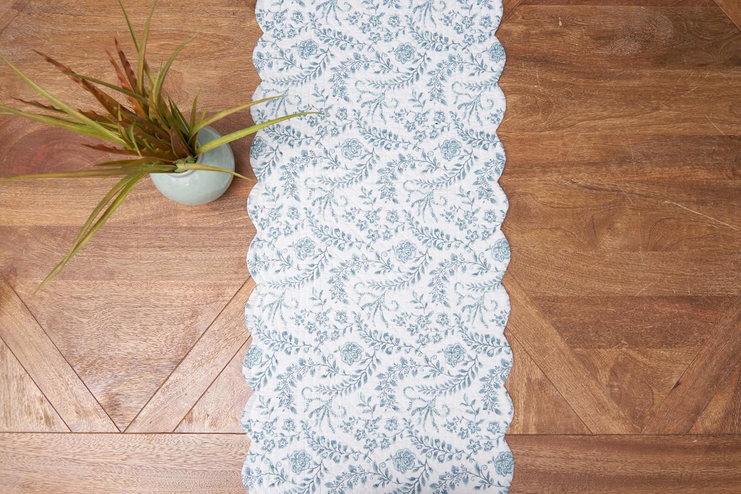 C&F Home Braganza Teal Vintage 100% Cotton Table Runner 14" x 51" Versatile Floral Flowers Spring Springtime Summer Kitchen Dining Dinner Tabletop Machine Wash Reversible Scalloped Edge Decor