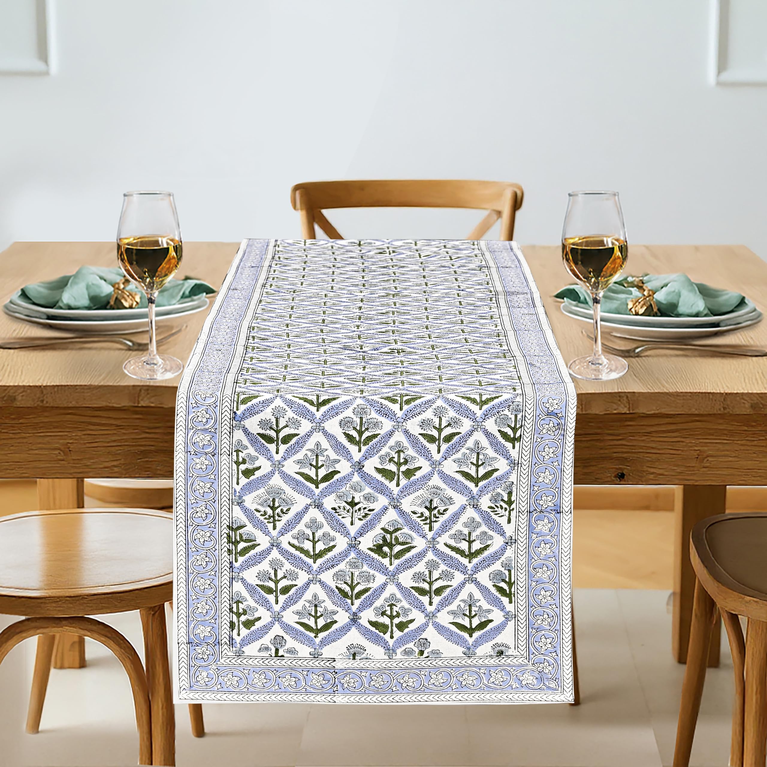 Ridhi Light Steel Blue Hand Block Print 100% Cotton Reusable Table Runner 16" X 90" Inches Table Runner Decorative Everyday Use for Dining, Home Gift for Spring, Easter, Valentine