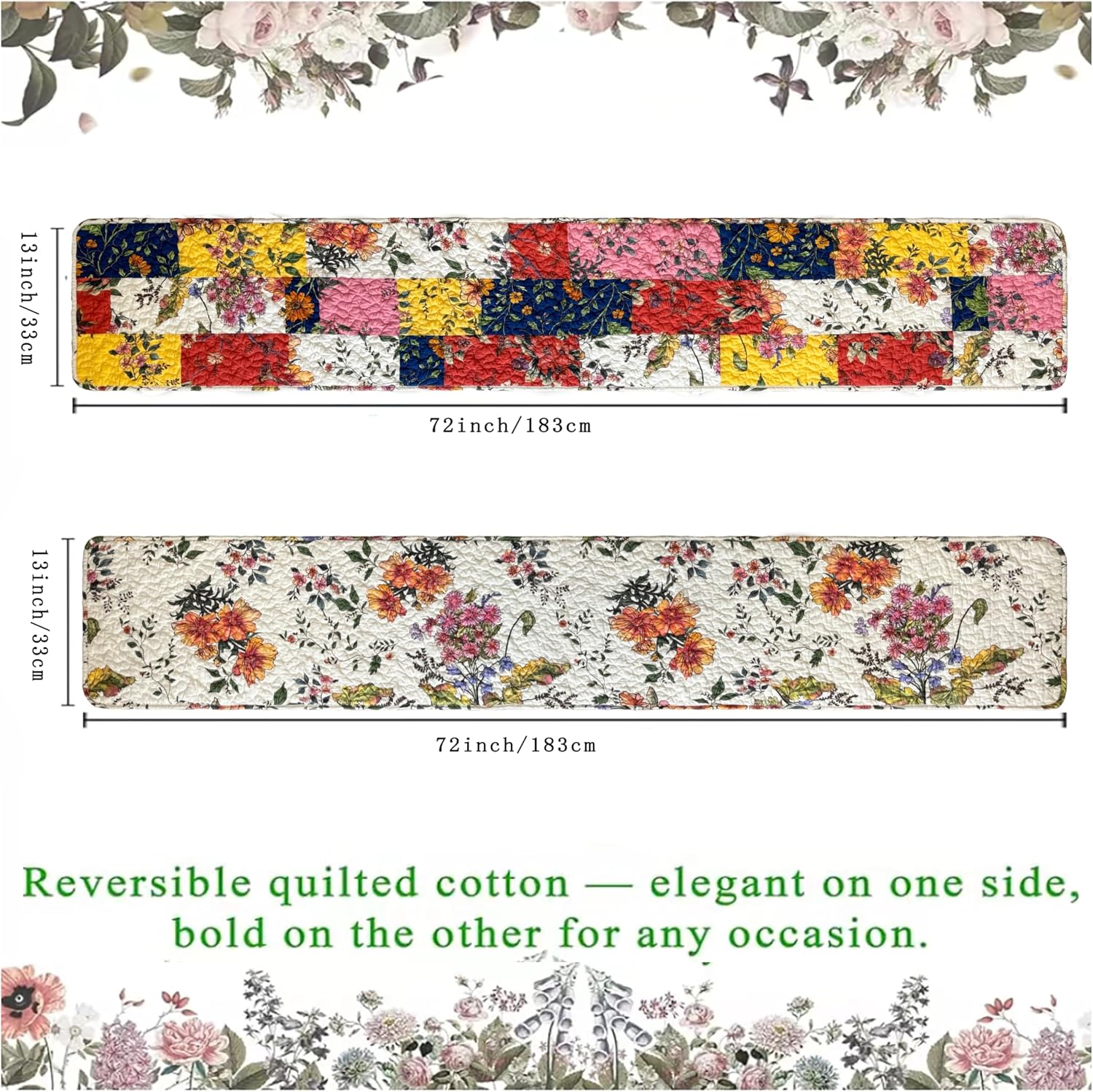 Quilted Cotton Patchwork Floral Table Runner – Reversible Vintage Farmhouse Table Runner, 13" x 72" for Dining Table, Coffee Table & Buffet