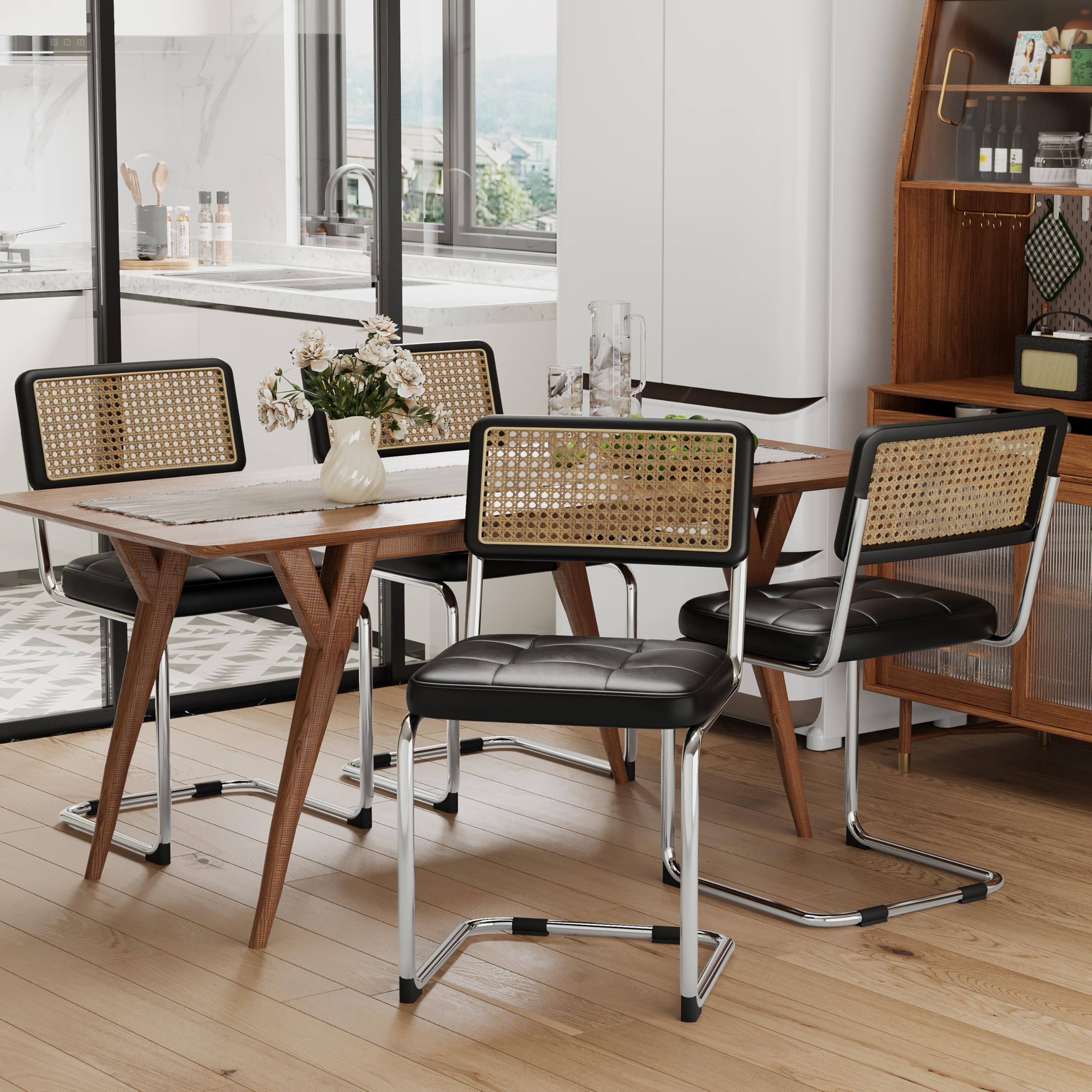 Alunaune Modern Mid Century Dining Chairs Set of 2, Upholstered Natural Rattan Kitchen Chairs Accent Chair, Armless Side Chairs with Metal Chrome Legs for Bedroom Living Room-Brown