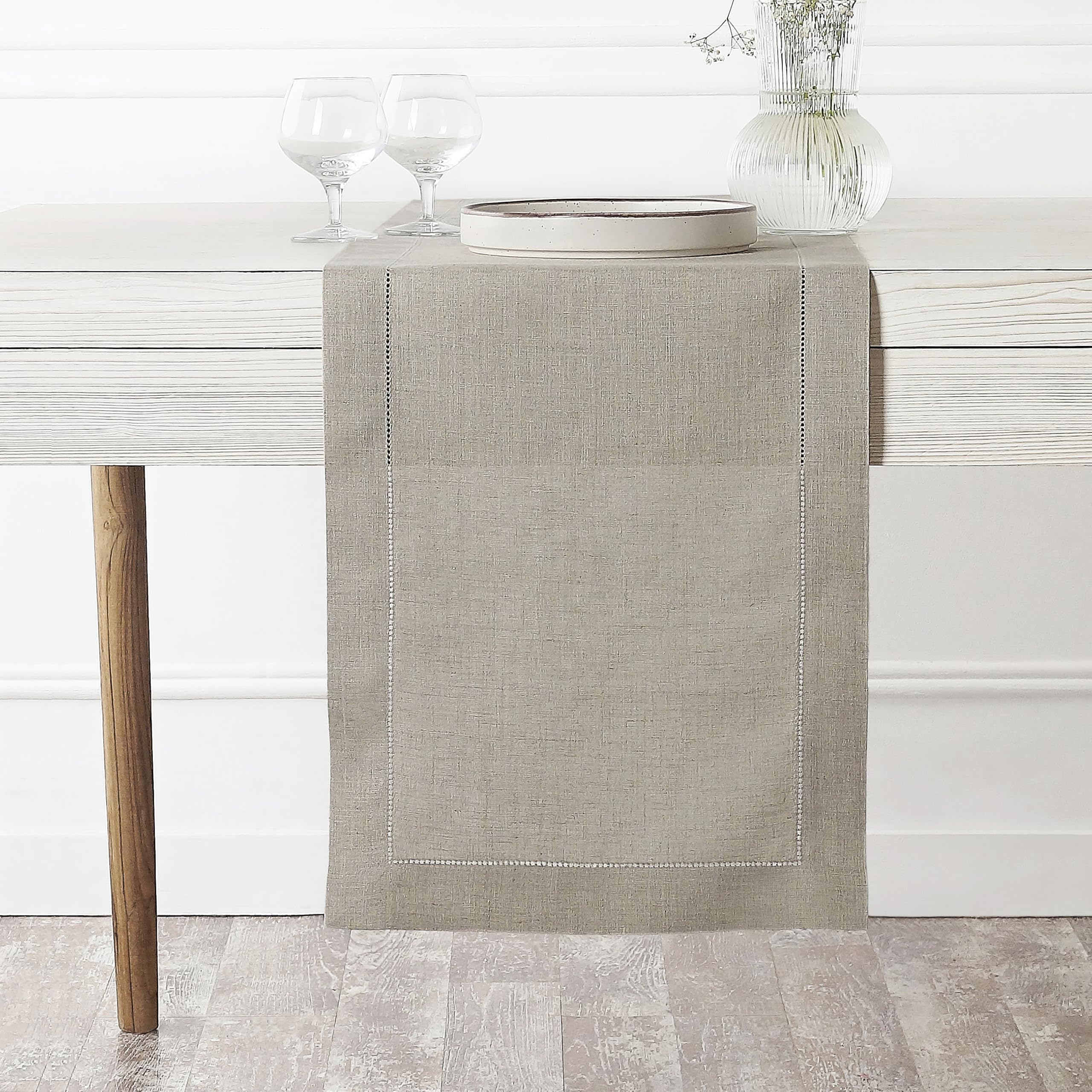 Signature Linen™ by D'Moksha White Table Runner 84 Inches Long, 100% Pure Linen, Hemstitch, 14 x 84 Inch Table Runner for Dresser, Dining- Summer, Father's & Independence Day