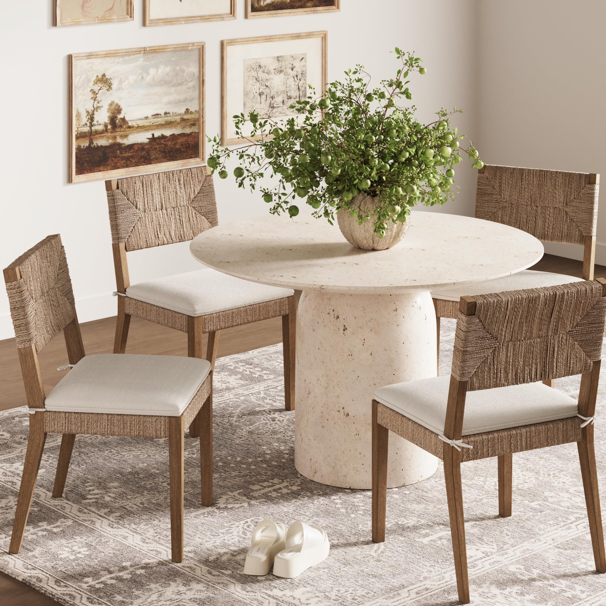 Nathan James Bailey 19 in. Boucle Dining Chair, Upholstered Side Chair with Natural Woven Rattan Back and Solid Wood Legs, Natural Brown/Rattan/Cream Boucle