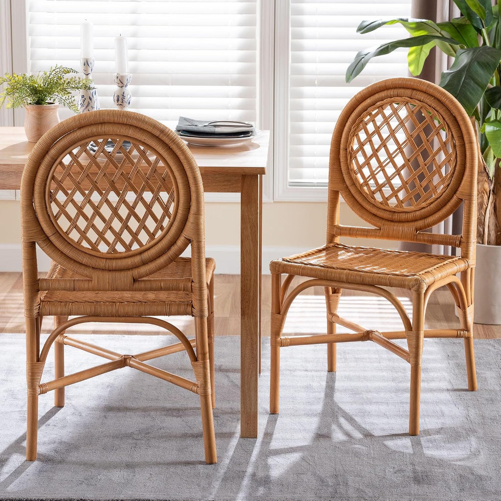 Bali & pari Oxford Natural Rattan Chair with Round Back-Handwoven Cane Accent Seating with Open Lattice Design, Dining Height, Set of 2