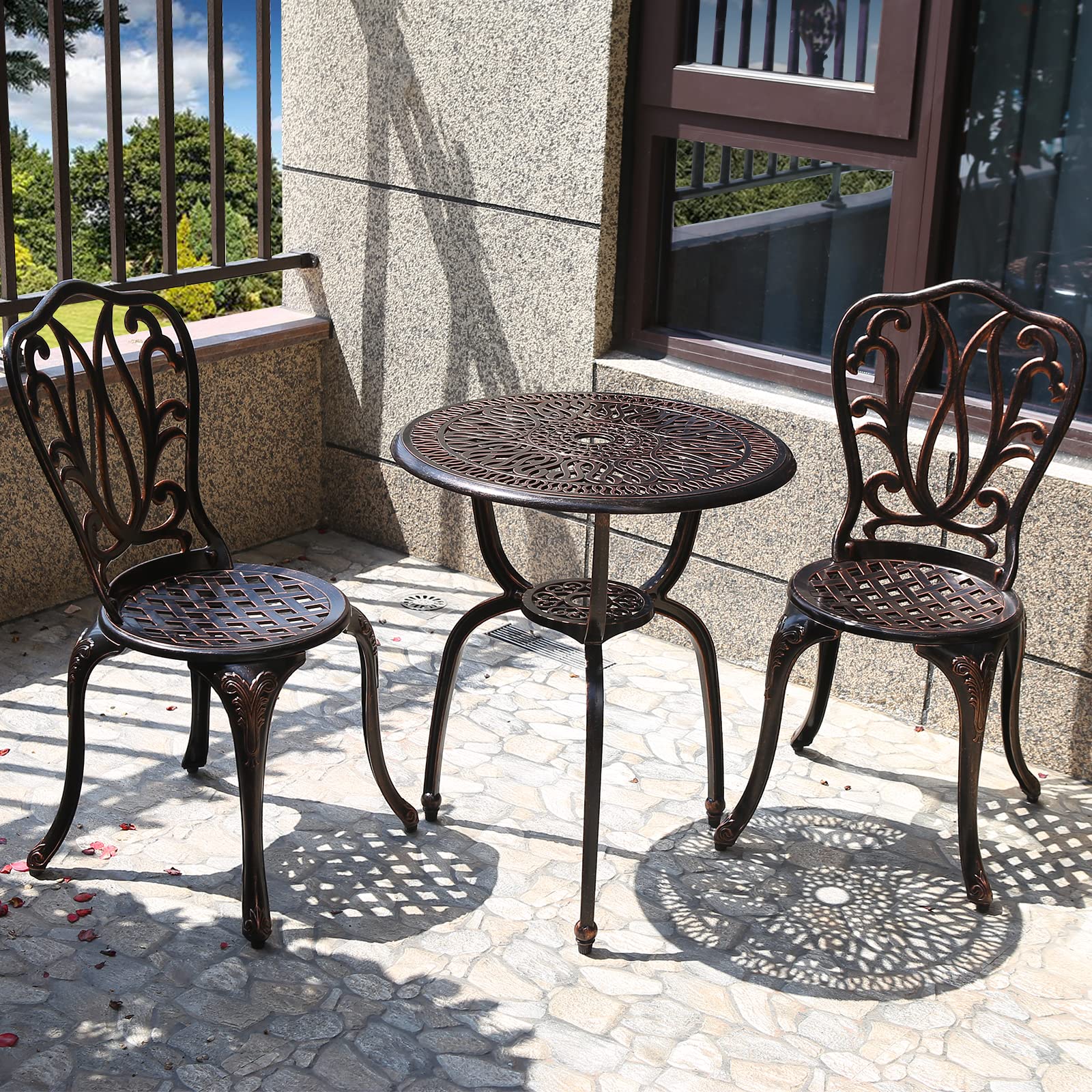 C/G 3 Piece Bistro Set,Outdoor Patio Set,Anti-Rust Cast Aluminum Bistro Table Set for Park Yard Front Porch Furniture(Antique Copper)