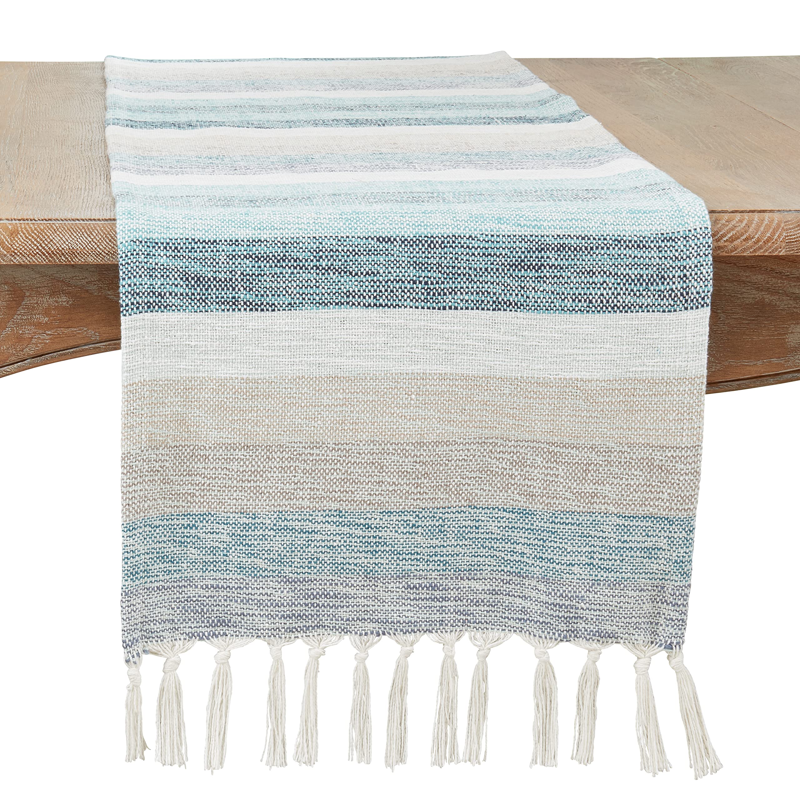SARO LIFESTYLE Striped Table Runner with Fringe - Woven Cotton Blend Table Runner for Dining Table, Kitchen Table, Farmhouse and Rustic Home Décor