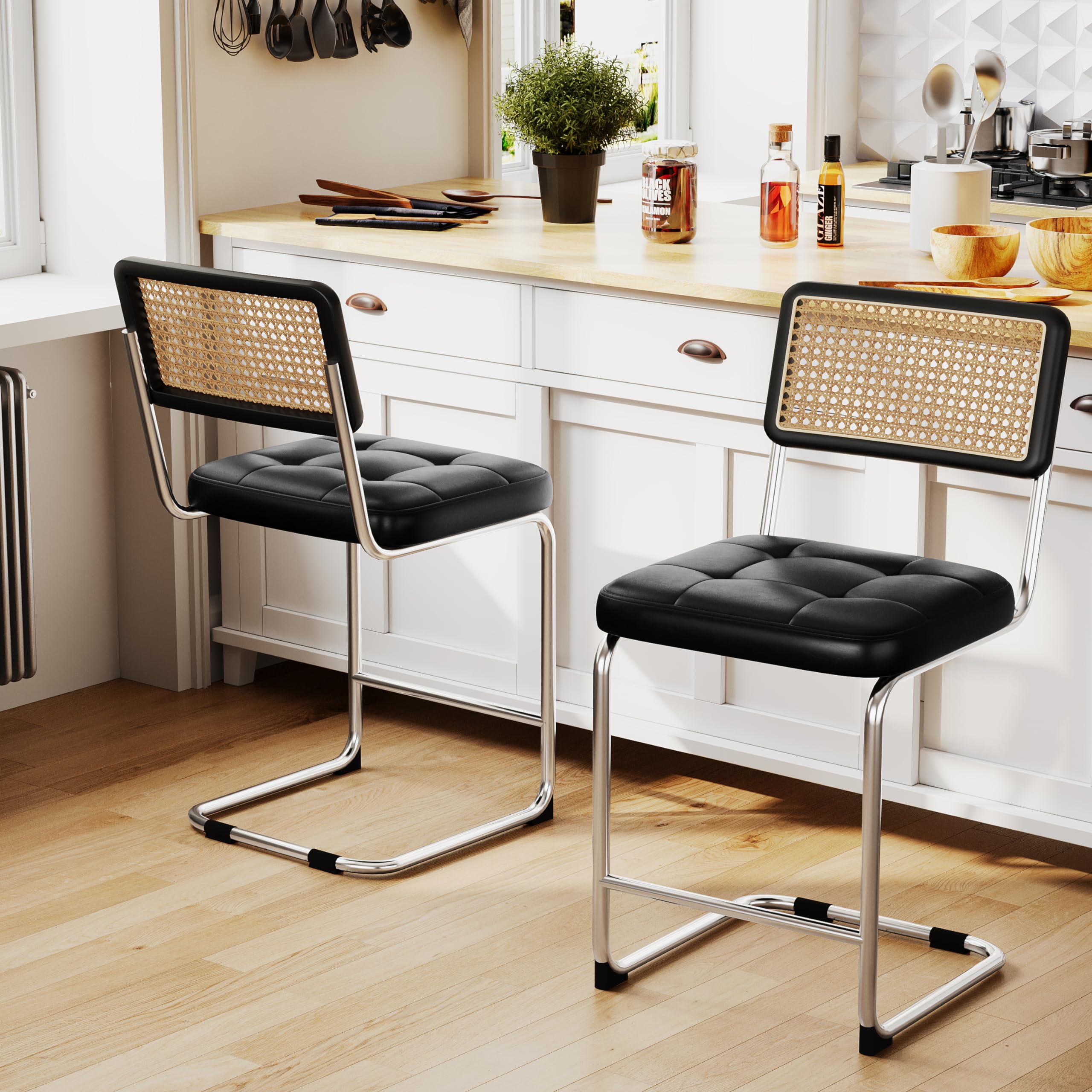 Alunaune Modern Mid Century Dining Chairs Set of 2, Upholstered Natural Rattan Kitchen Chairs Accent Chair, Armless Side Chairs with Metal Chrome Legs for Bedroom Living Room-Brown