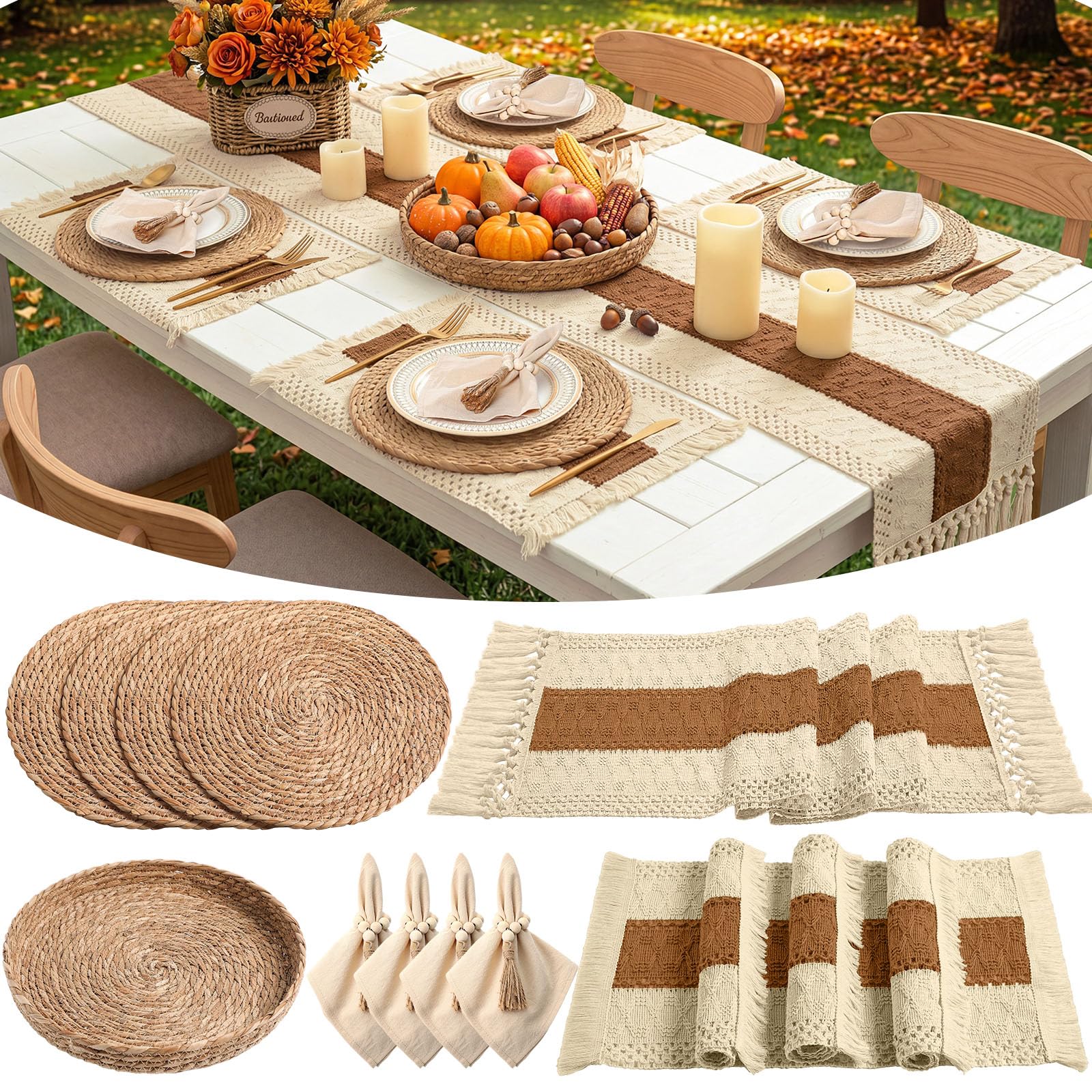 6 Sets Boho Decoration Placemats Round Woven Placemats, Cloth Napkins, Wood Bead Napkin Rings, Long Table Runner and Farmhouse Burlap Cotton for Table Kitchen (Khaki,12x72)