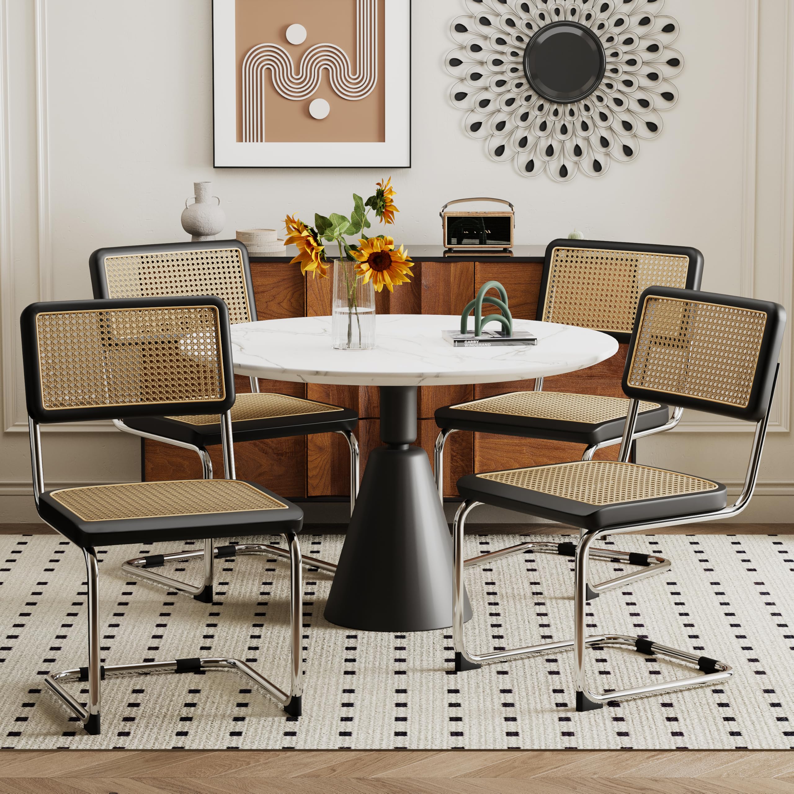 Alunaune Modern Mid Century Dining Chairs Set of 2, Upholstered Natural Rattan Kitchen Chairs Accent Chair, Armless Side Chairs with Metal Chrome Legs for Bedroom Living Room-Brown