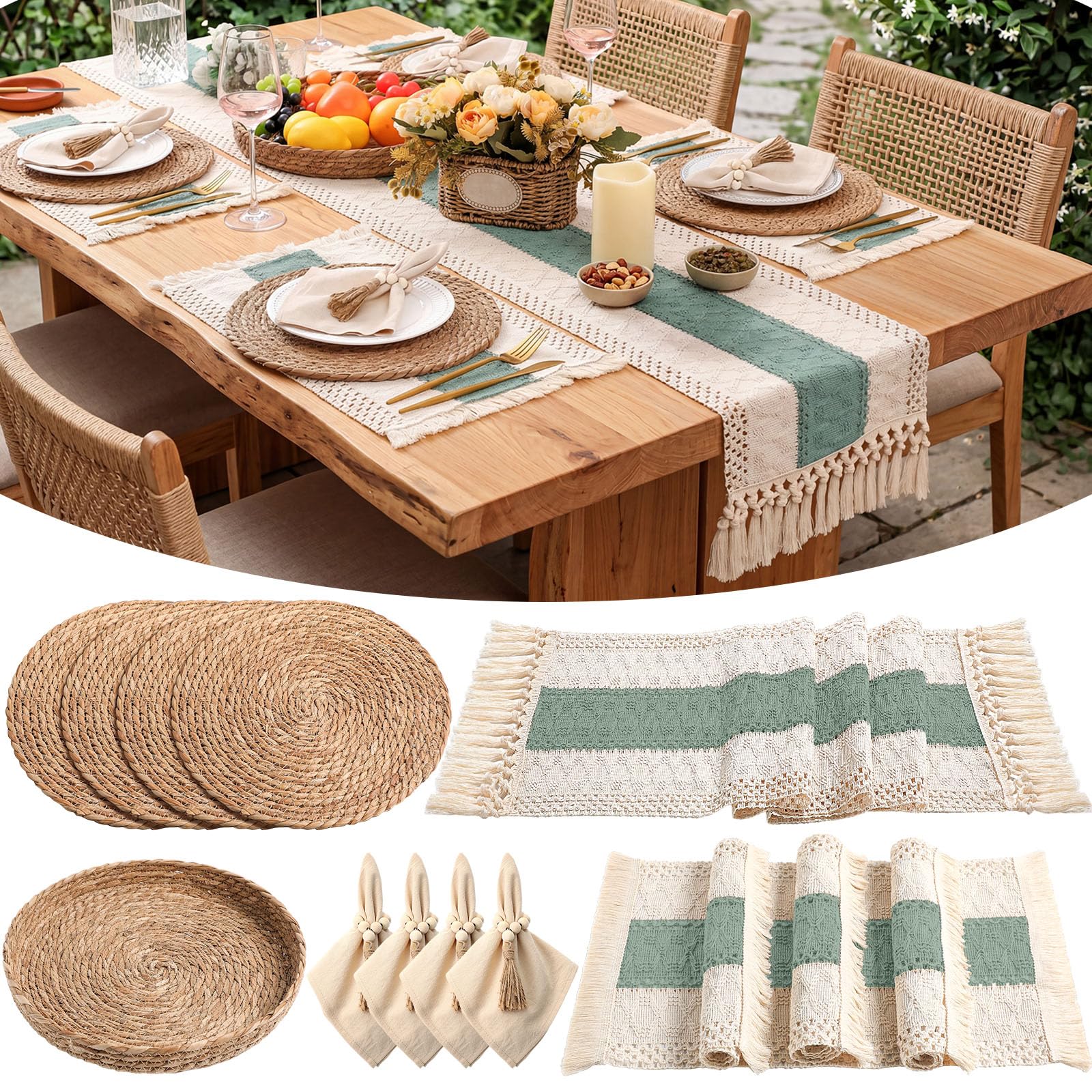 6 Sets Boho Decoration Placemats Round Woven Placemats, Cloth Napkins, Wood Bead Napkin Rings, Long Table Runner and Farmhouse Burlap Cotton for Table Kitchen (Khaki,12x72)