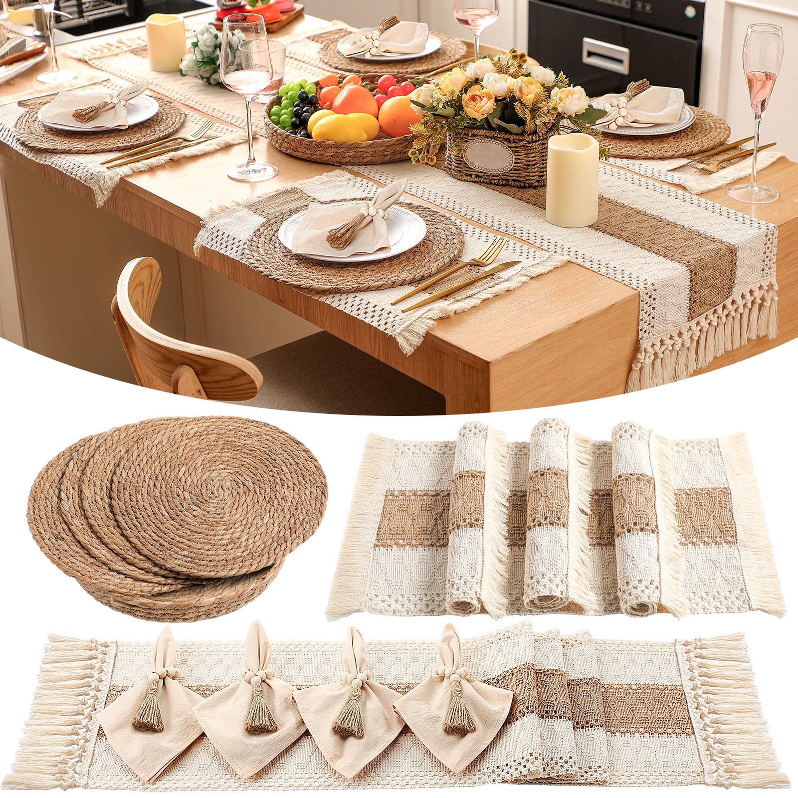 6 Sets Boho Decoration Placemats Round Woven Placemats, Cloth Napkins, Wood Bead Napkin Rings, Long Table Runner and Farmhouse Burlap Cotton for Table Kitchen (Khaki,12x72)