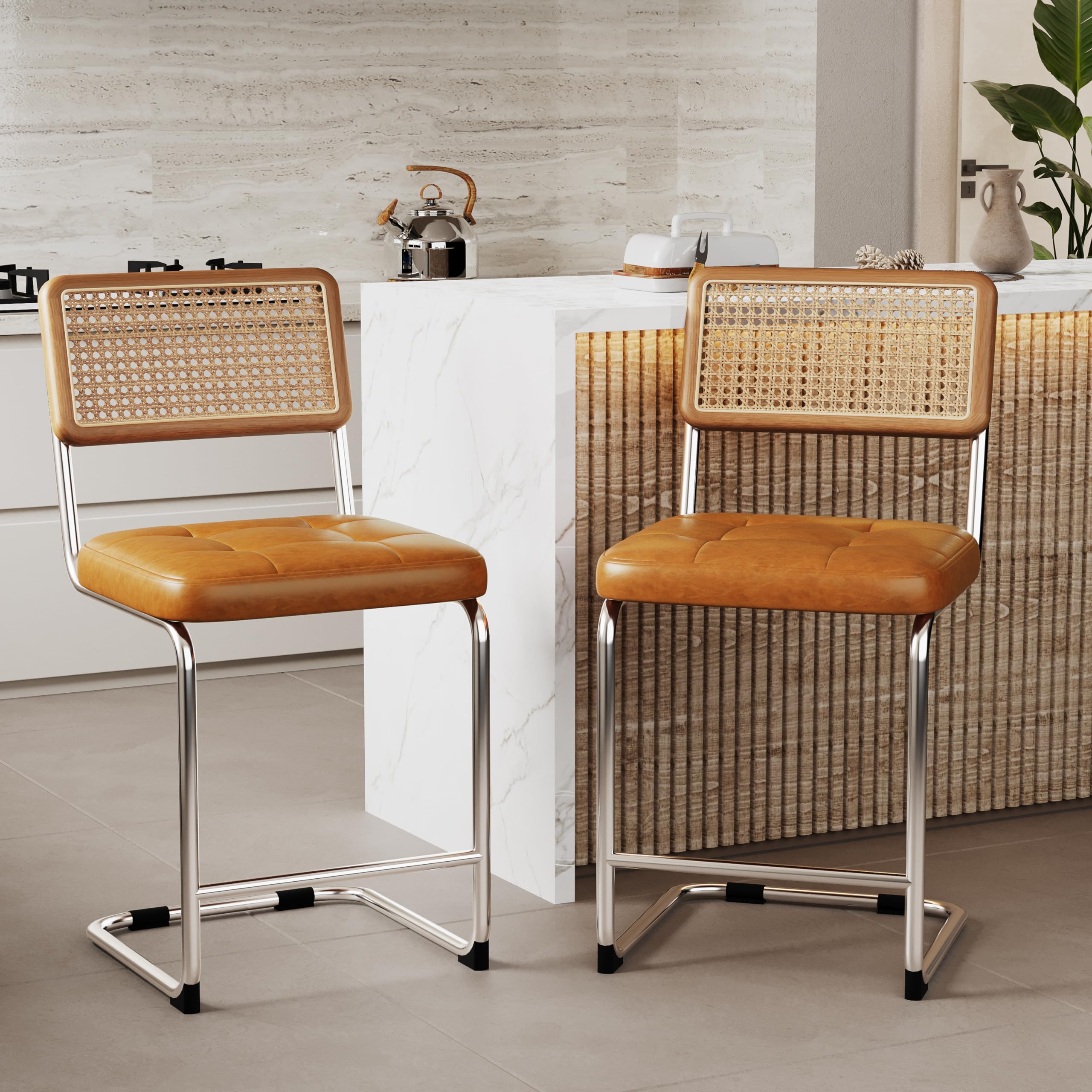 Alunaune Modern Mid Century Dining Chairs Set of 2, Upholstered Natural Rattan Kitchen Chairs Accent Chair, Armless Side Chairs with Metal Chrome Legs for Bedroom Living Room-Brown