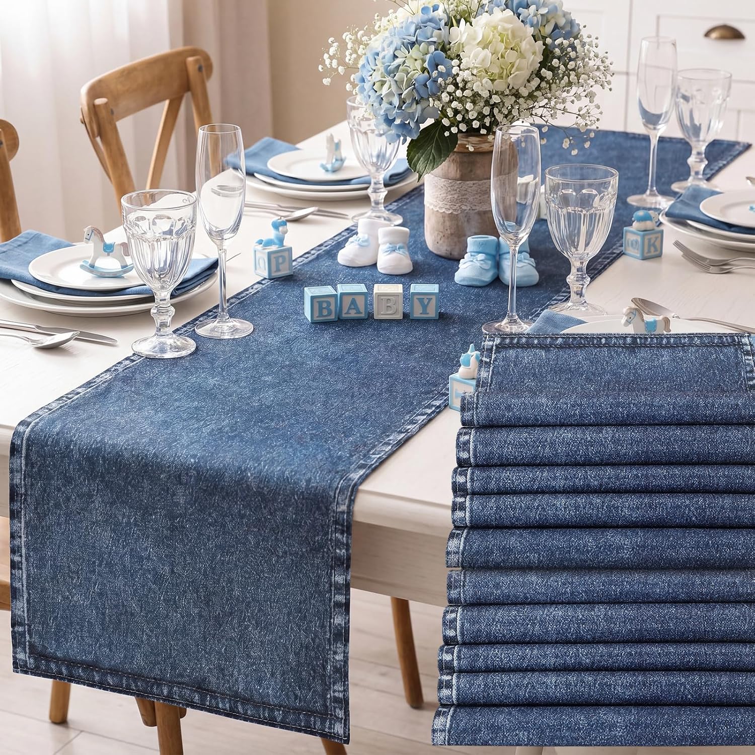 Mindsoft 10 Pcs Blue Jean Table Runners 13x72 Inches Blue Jean Baby Shower Decorations Denim Jeans Decorative Table Runners for Denim and Diamonds Bachelorette Engagement Wedding Decor Celebration
