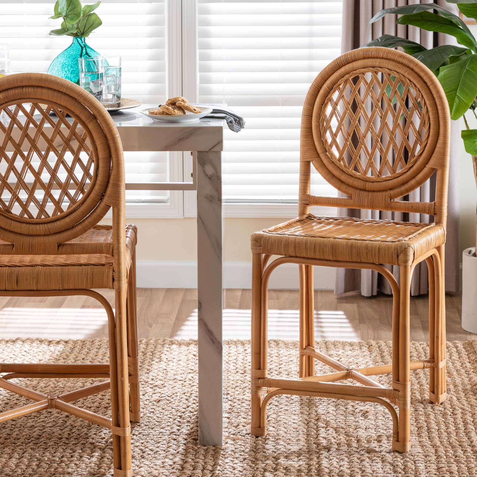 Bali & pari Oxford Natural Rattan Chair with Round Back-Handwoven Cane Accent Seating with Open Lattice Design, Dining Height, Set of 2
