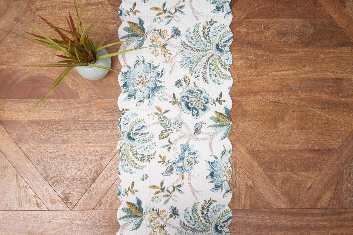 C&F Home Braganza Teal Vintage 100% Cotton Table Runner 14" x 51" Versatile Floral Flowers Spring Springtime Summer Kitchen Dining Dinner Tabletop Machine Wash Reversible Scalloped Edge Decor