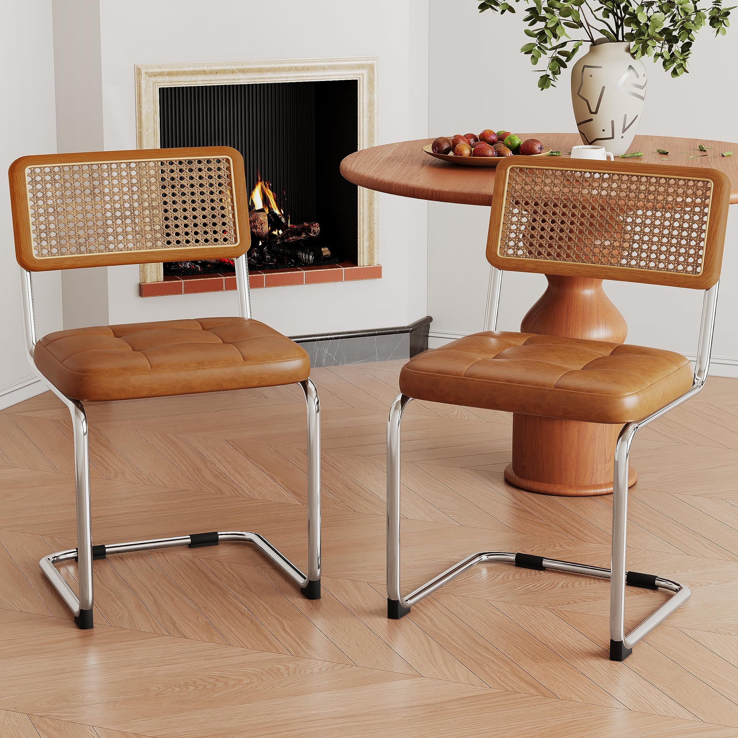 Alunaune Modern Mid Century Dining Chairs Set of 2, Upholstered Natural Rattan Kitchen Chairs Accent Chair, Armless Side Chairs with Metal Chrome Legs for Bedroom Living Room-Brown