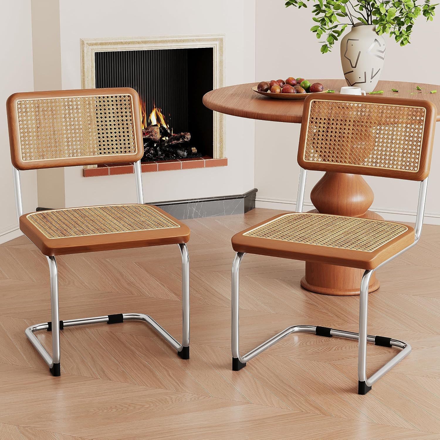 Alunaune Modern Mid Century Dining Chairs Set of 2, Upholstered Natural Rattan Kitchen Chairs Accent Chair, Armless Side Chairs with Metal Chrome Legs for Bedroom Living Room-Brown
