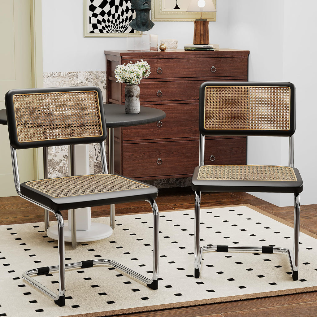 Alunaune Modern Mid Century Dining Chairs Set of 2, Upholstered Natural Rattan Kitchen Chairs Accent Chair, Armless Side Chairs with Metal Chrome Legs for Bedroom Living Room-Brown