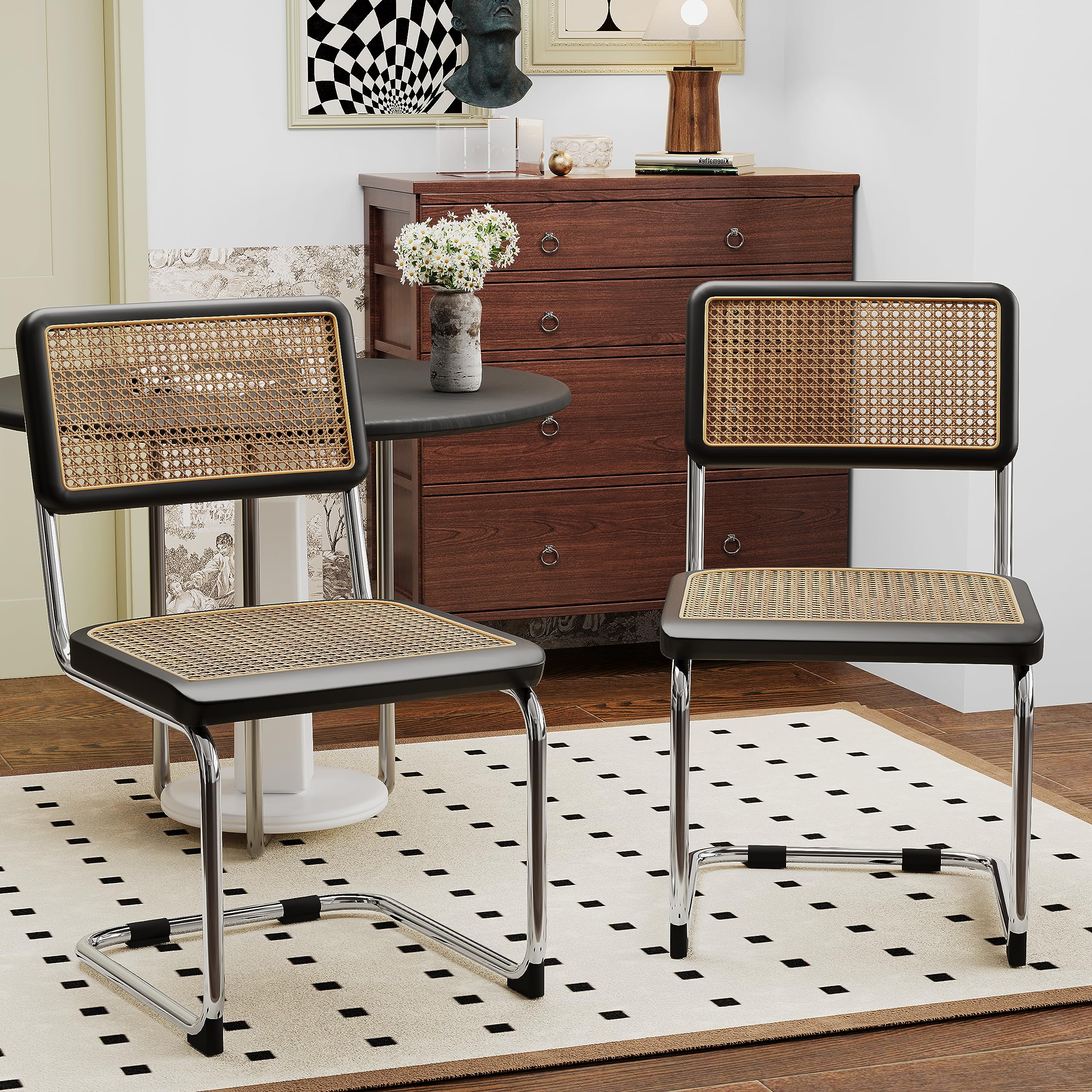 Alunaune Modern Mid Century Dining Chairs Set of 2, Upholstered Natural Rattan Kitchen Chairs Accent Chair, Armless Side Chairs with Metal Chrome Legs for Bedroom Living Room-Brown