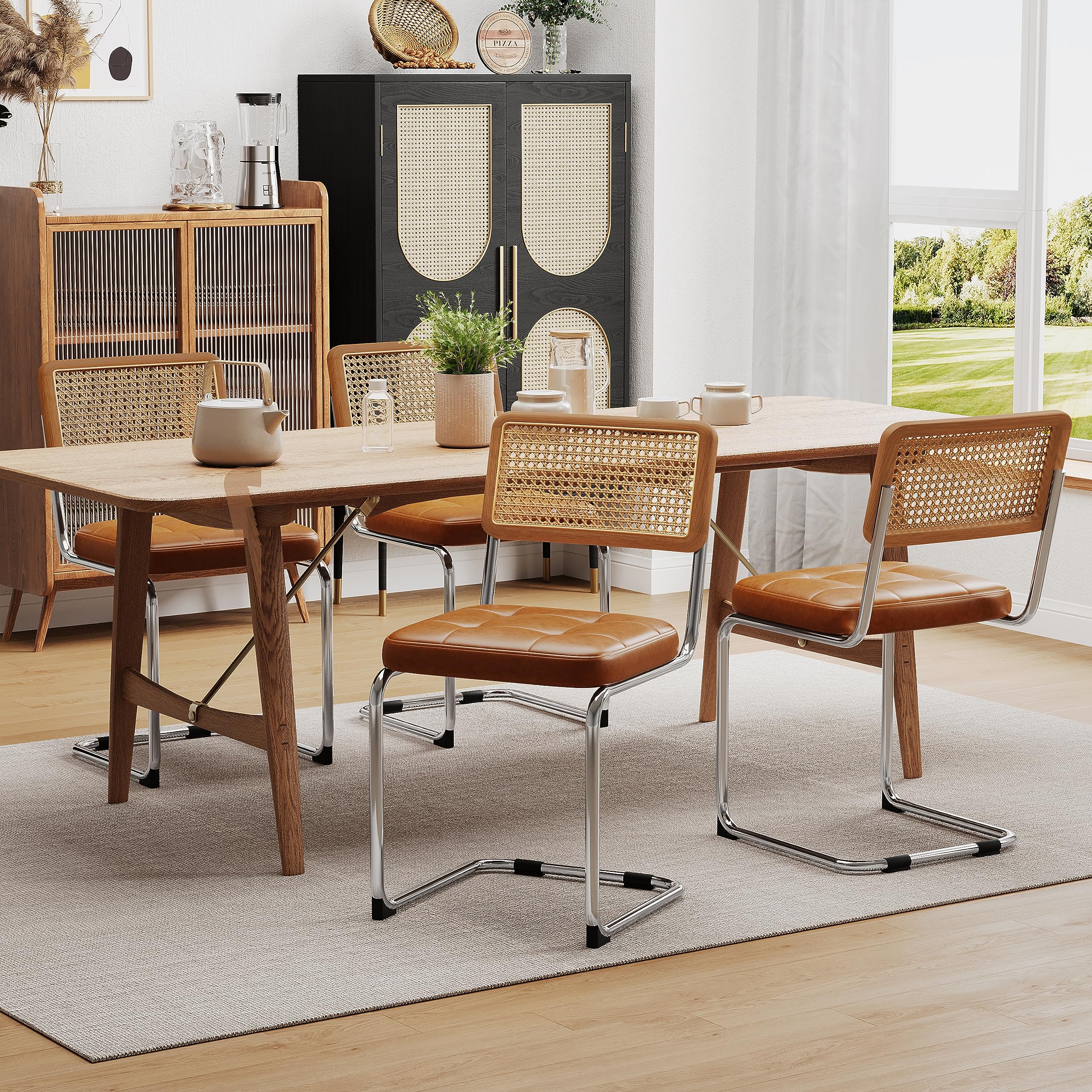 Alunaune Modern Mid Century Dining Chairs Set of 2, Upholstered Natural Rattan Kitchen Chairs Accent Chair, Armless Side Chairs with Metal Chrome Legs for Bedroom Living Room-Brown