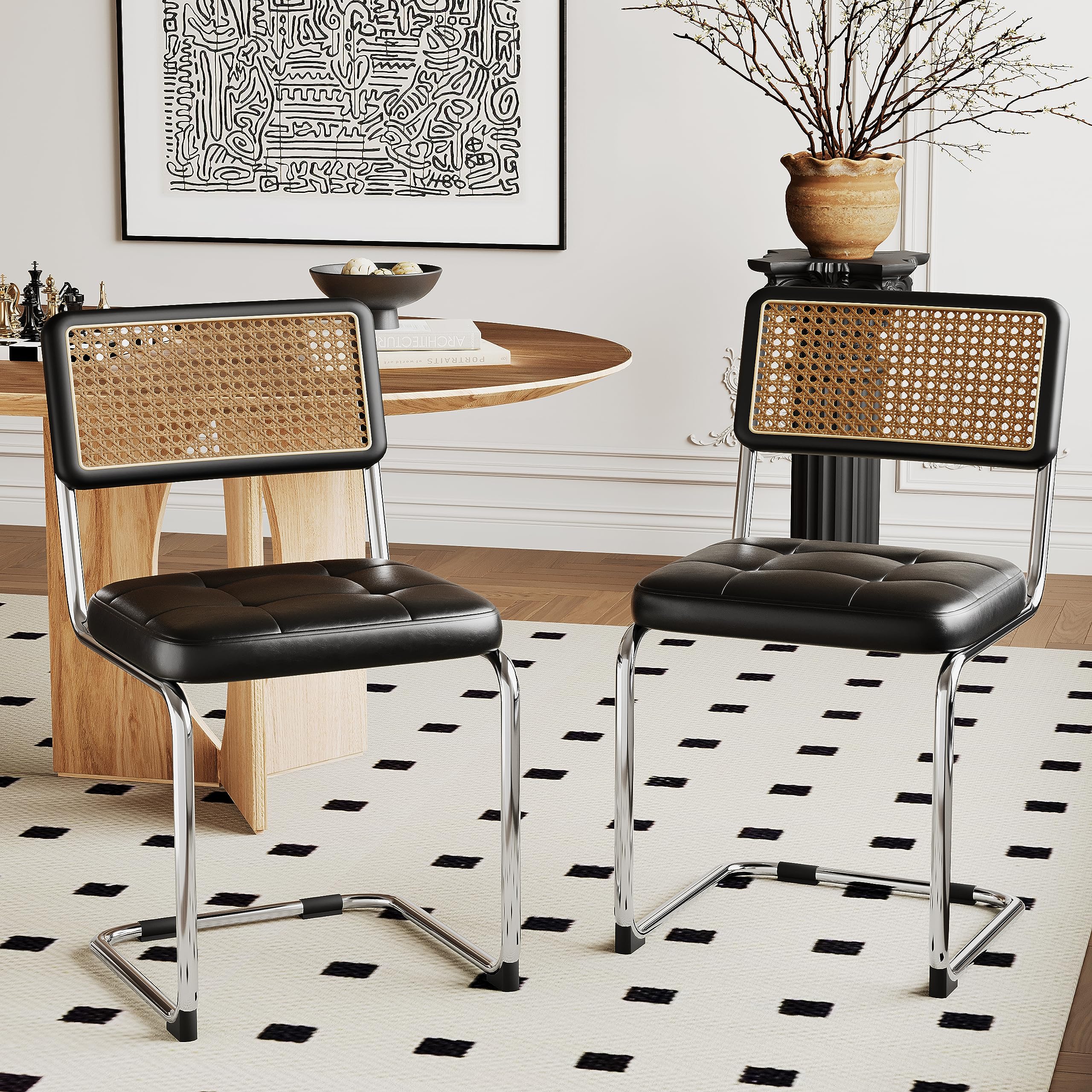 Alunaune Modern Mid Century Dining Chairs Set of 2, Upholstered Natural Rattan Kitchen Chairs Accent Chair, Armless Side Chairs with Metal Chrome Legs for Bedroom Living Room-Brown